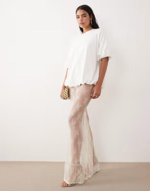 エイソス レディース ボトムスカート シアー レース マキシ ASOS DESIGN sheer lace maxi skirt in cream クリーム