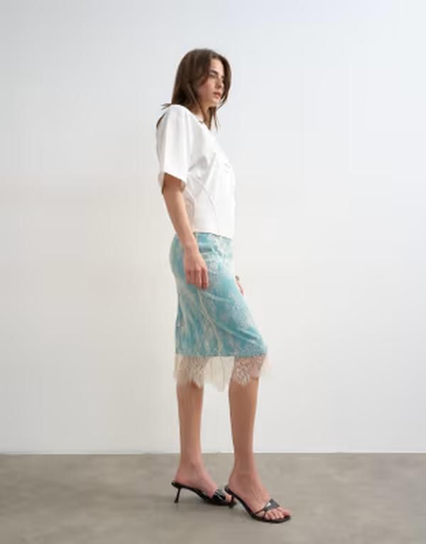 トップショップ レディース ボトムスカート ミディ レース Topshop lace midi skirt with blue insert in ecru BLUE ブルー