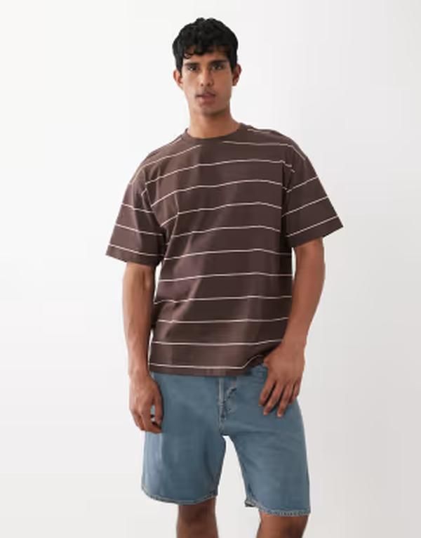 コットンオン メンズ トップス Tシャツ Cotton box fitshirt in chocolate stripes WASHED CHOCOLATE チョコレート