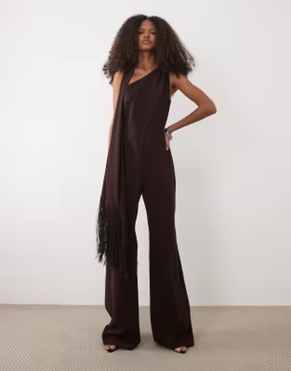 マンゴ レディース トップス ジャンプスーツ Mangone shoulder jumpsuit with tassel scarf BROWN ブラウン