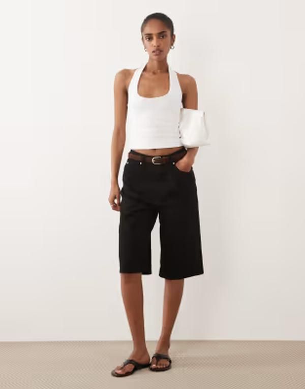 エイソス レディース ボトムス ハーフパンツ・ショーツ ショートパンツ スエード デニム ASOS DESIGN denim Bermuda shorts with suede belt detail