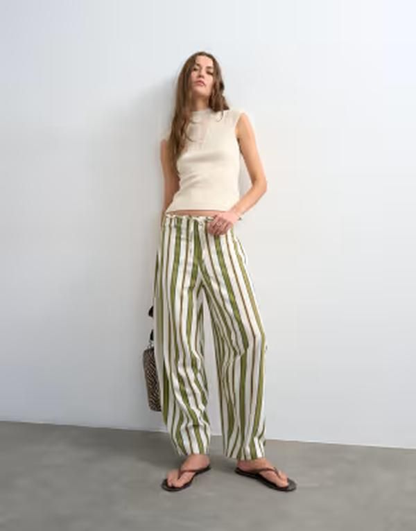 トップショップ レディース ボトムス カジュアルパンツ リネン Topshop linen blend clean tie waist barreleg pantstripes GREEN グリーン