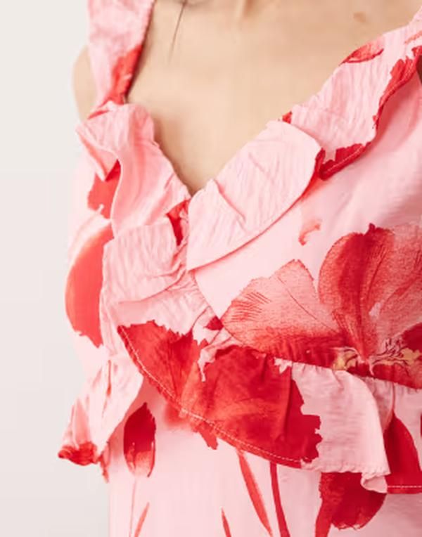 オンリー レディース トップス ワンピース フラワー柄 プリント マキシ フラワー ONLY frill detailing maxi dress floral print Pink Icing ピン