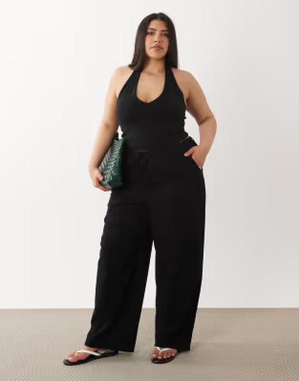 エイソス レディース ボトムス カジュアルパンツ リネン ASOS Curve ASOS DESIGN Curve linen look pull on pants Black ブラック