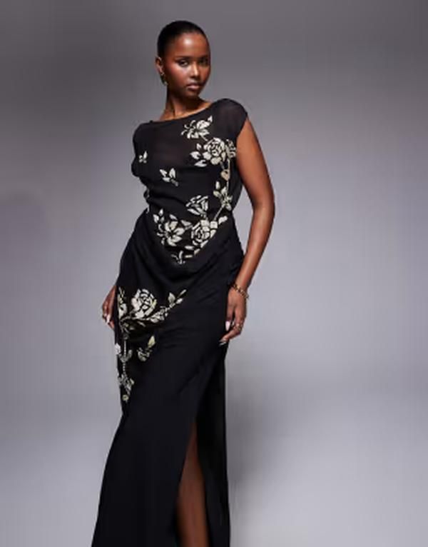 エイソス レディース トップス ワンピース アシンメトリー フラワー柄 マキシ フラワー ASOS DESIGN asymmetric sleeve maxi dress with floral em