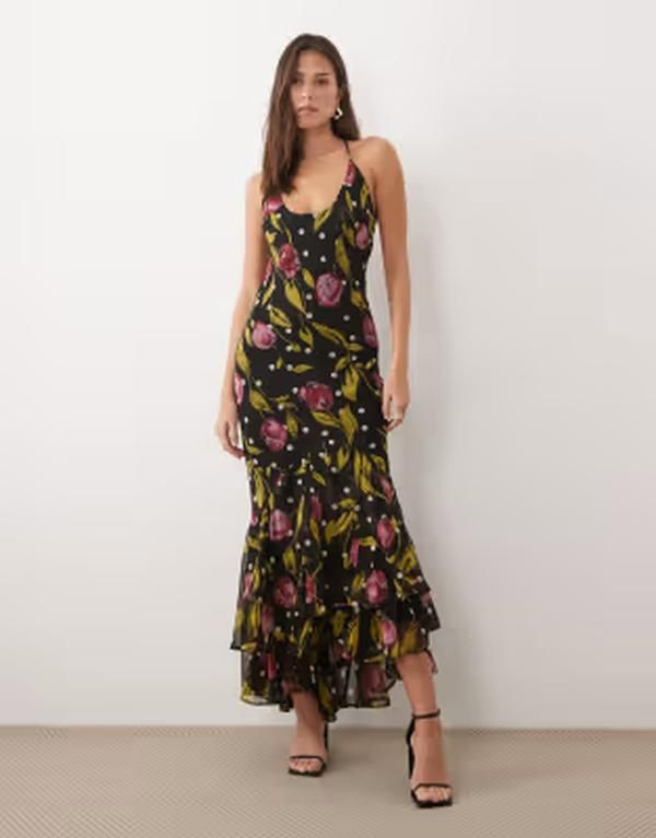 エイソス レディース トップス ワンピース フラワー柄 プリント フリル スカート マキシ フラワー ASOS DESIGN strappy fishtail skirt ruffled maxi d