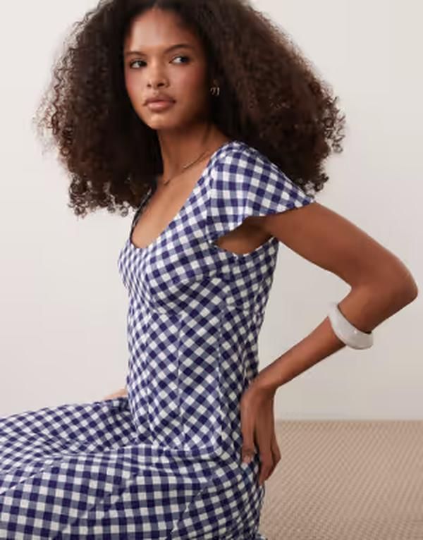 エイソス レディース トップス ワンピース ギンガムチェック プリント マキシ ギンガム ASOS DESIGN scoop neck short sleeve maxi dress with god エイソス レディース トップス ワンピース ギンガムチェック プリント マキシ ギンガム ASOS DESIGN scoop neck short sleeve maxi dress with god
