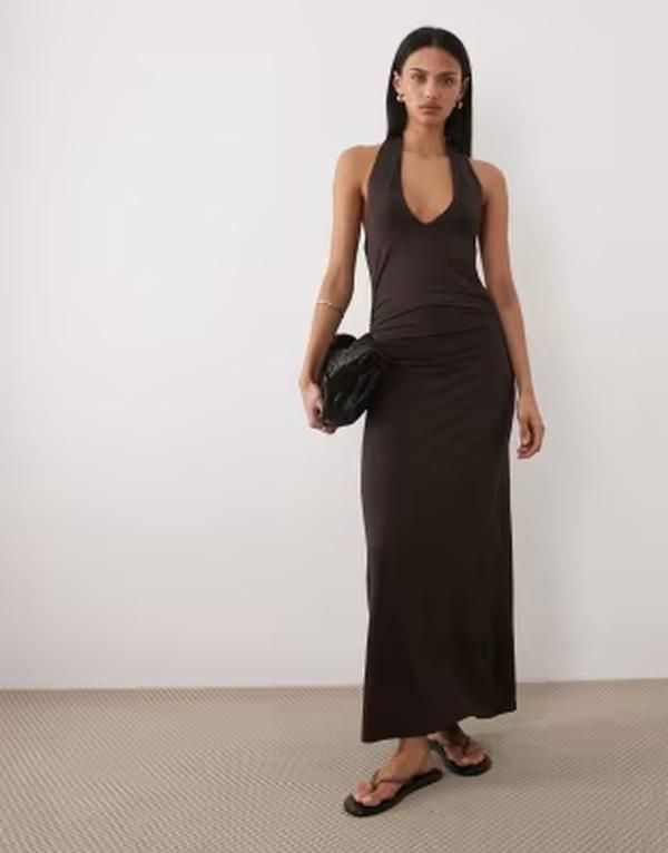 エイソス レディース トップス ワンピース ミディ ホルター ASOS DESIGN tie back halter midi dress in chocolate チョコレート