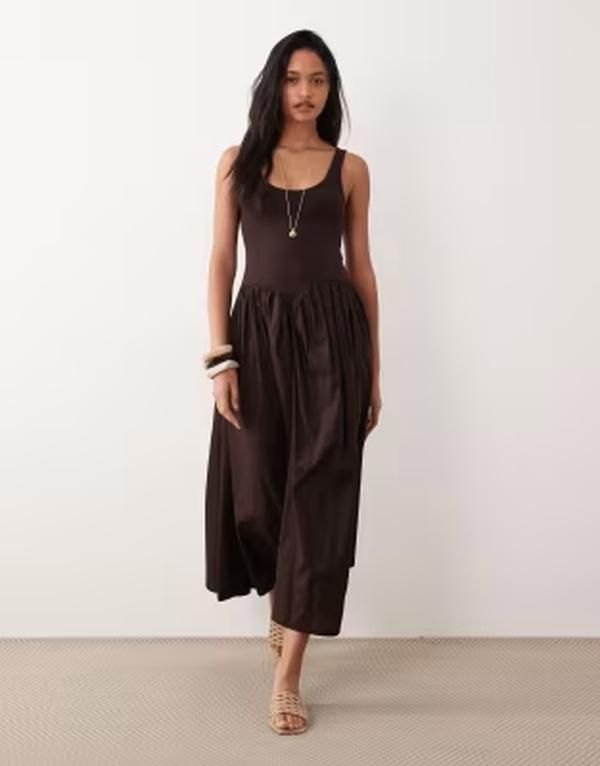 エイソス レディース トップス ワンピース ミディ スカート ASOS DESIGN basque waist midi dress with woven skirt in chocolate チョコ