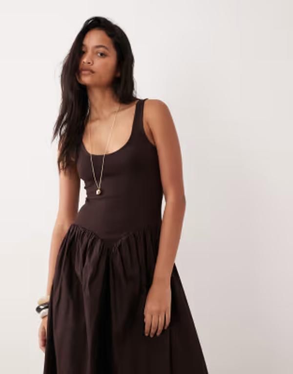 エイソス レディース トップス ワンピース ミディ スカート ASOS DESIGN basque waist midi dress with woven skirt in chocolate チョコ