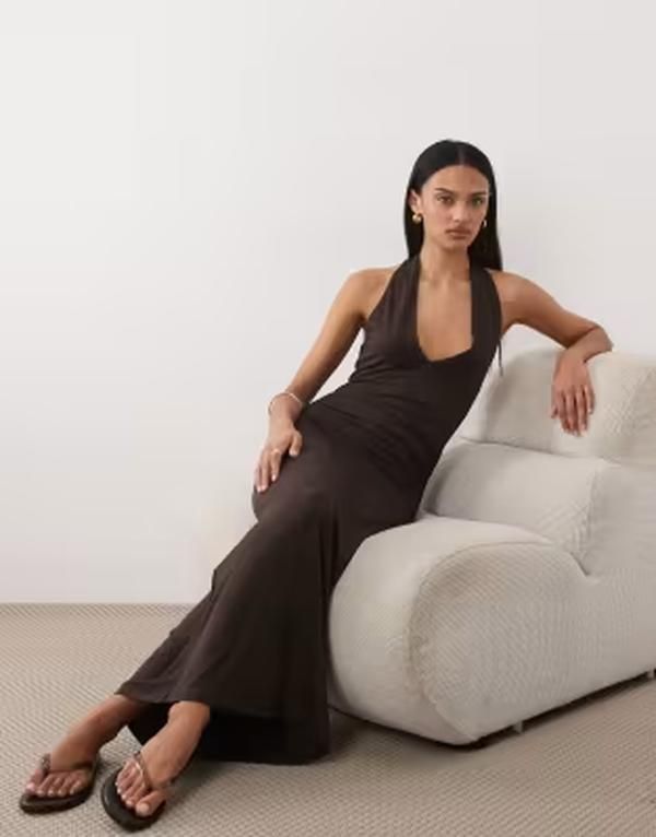 エイソス レディース トップス ワンピース ミディ ホルター ASOS DESIGN tie back halter midi dress in chocolate チョコレート