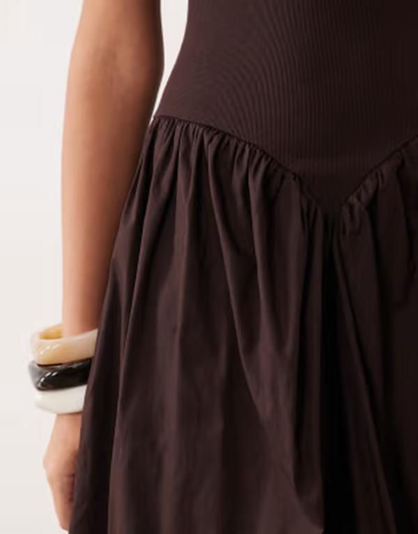 エイソス レディース トップス ワンピース ミディ スカート ASOS DESIGN basque waist midi dress with woven skirt in chocolate チョコ