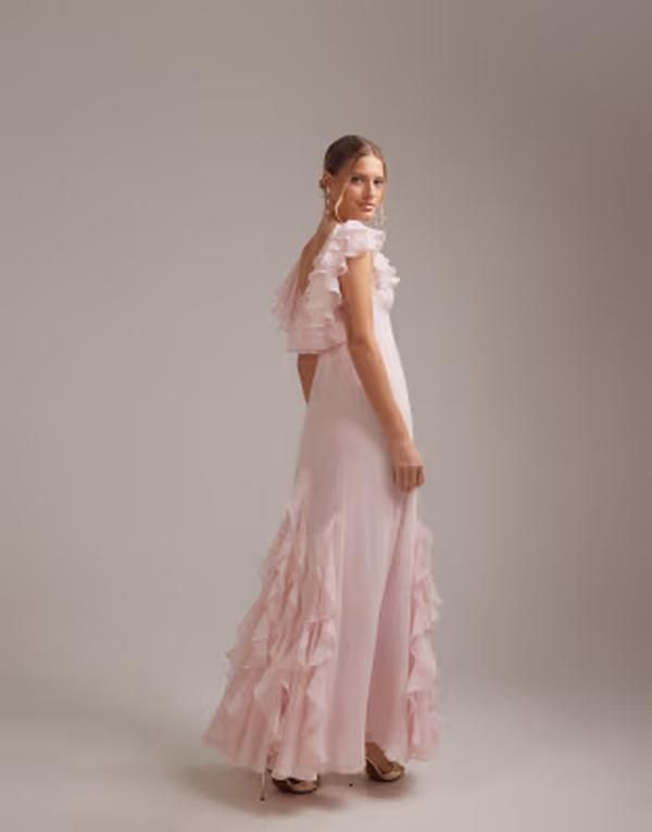 エイソス レディース トップス ワンピース シフォン フリル マキシ ASOS DESIGN bridesmaids bardot ruffle chiffon maxi dress in light