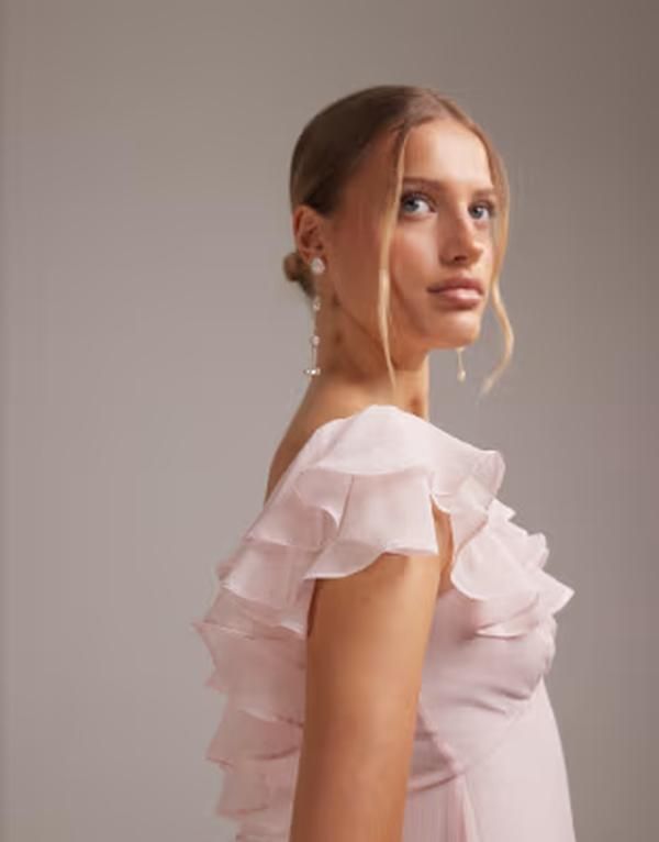 エイソス レディース トップス ワンピース シフォン フリル マキシ ASOS DESIGN bridesmaids bardot ruffle chiffon maxi dress in light