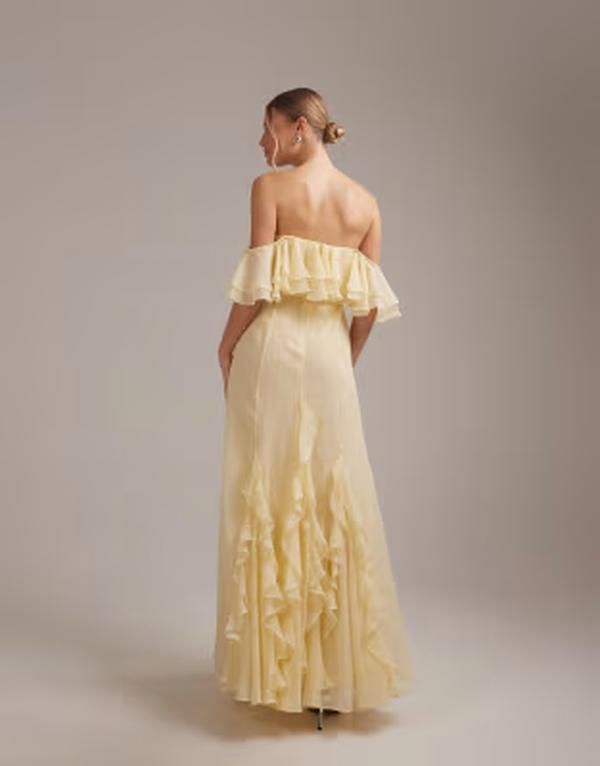 エイソス レディース トップス ワンピース シフォン フリル マキシ ASOS DESIGN bridesmaids bardot ruffle chiffon maxi dress in yello