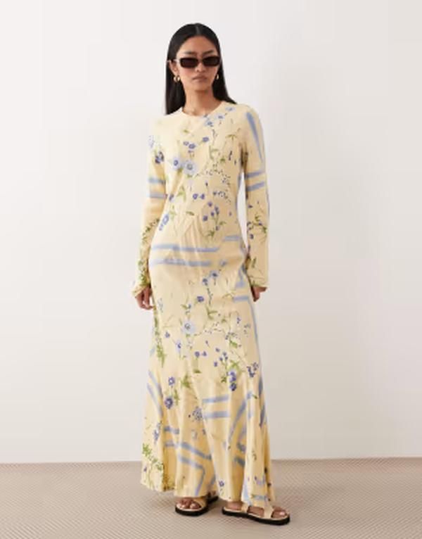 エイソス レディース トップス ワンピース フラワー柄 プリント マキシ フラワー ASOS DESIGN round neck maxi dress in yellow floral print Y