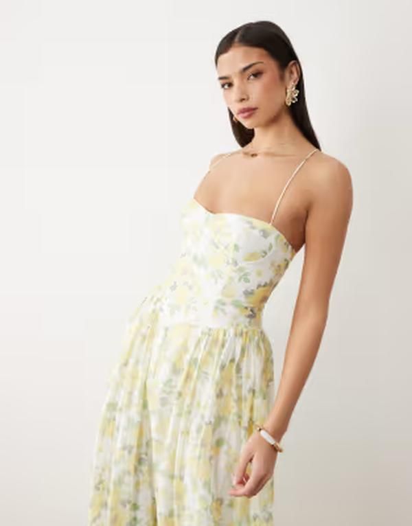 バードット レディース トップス ワンピース フラワー柄 コットン マキシ フラワー Bardot Estie cotton cami corset detail maxi dress in yell
