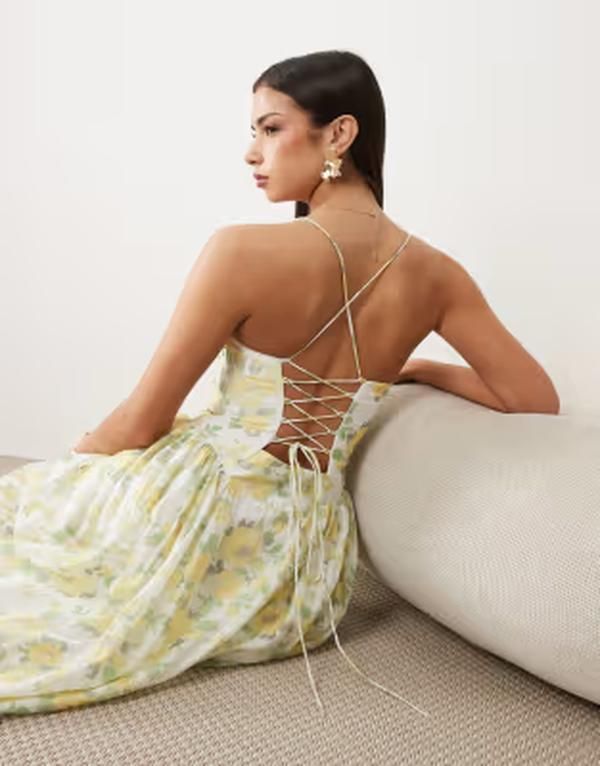 バードット レディース トップス ワンピース フラワー柄 コットン マキシ フラワー Bardot Estie cotton cami corset detail maxi dress in yell