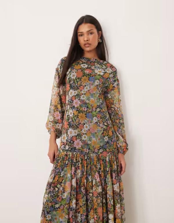 エイソス レディース トップス ワンピース シフォン フラワー柄 マキシ フラワー ASOS DESIGN slash neck chiffon godet maxi dress based flor