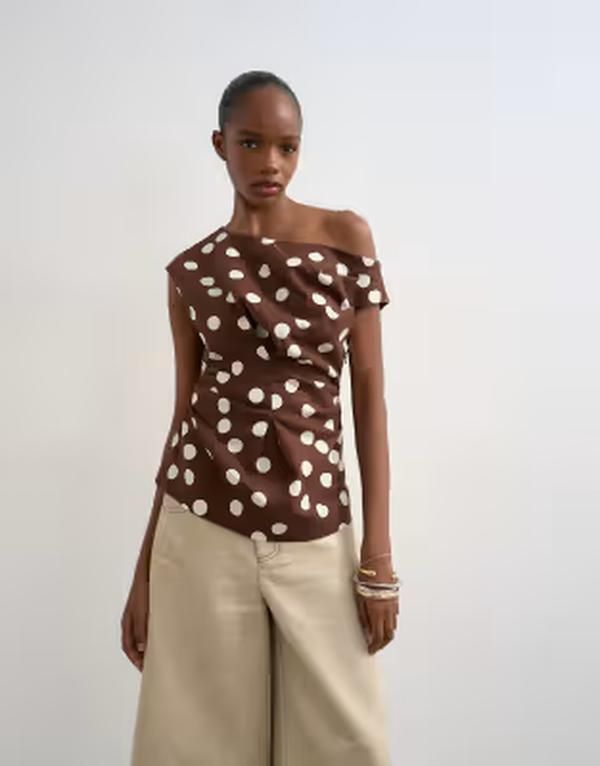 トップショップ レディース トップス タンクトップ ウエストマーク アシンメトリー ドット リネン Topshop linen blend cinched waist asymmetric twist