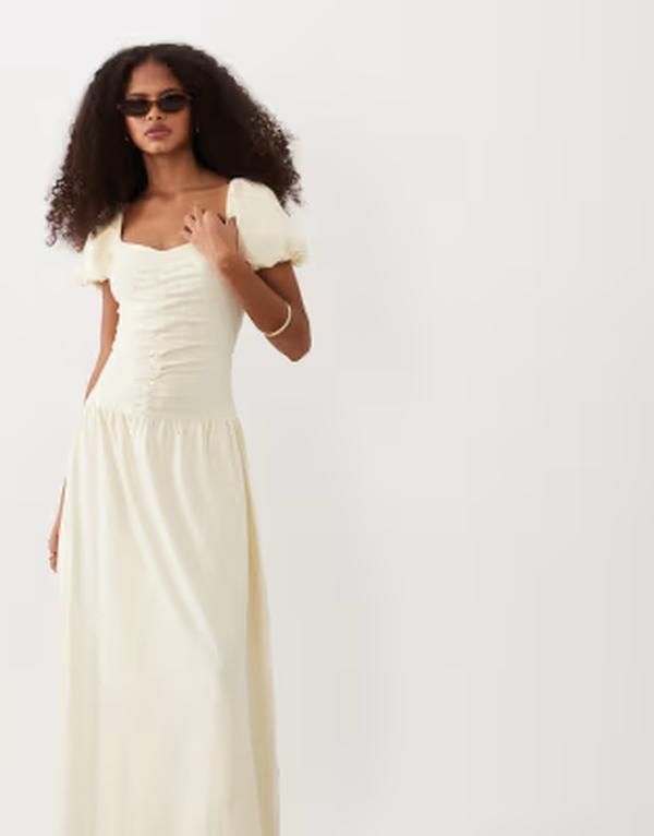 エイソス レディース トップス ワンピース ギャザー ミディ ASOS DESIGN ruched front midi tea dress in buttermilk エイソス レディース トップス ワンピース ギャザー ミディ ASOS DESIGN ruched front midi tea dress in buttermilk