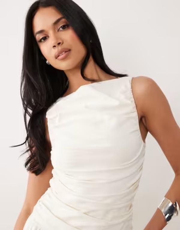 エイソス レディース トップス ワンピース ギャザー ASOS DESIGN ruched bodice midaxi dress in cream クリーム
