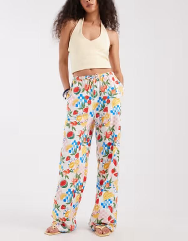 スリードベア レディース ボトムス カジュアルパンツ プリント ジャージー Threadbare jersey pull on pants with drawstring in fruit print