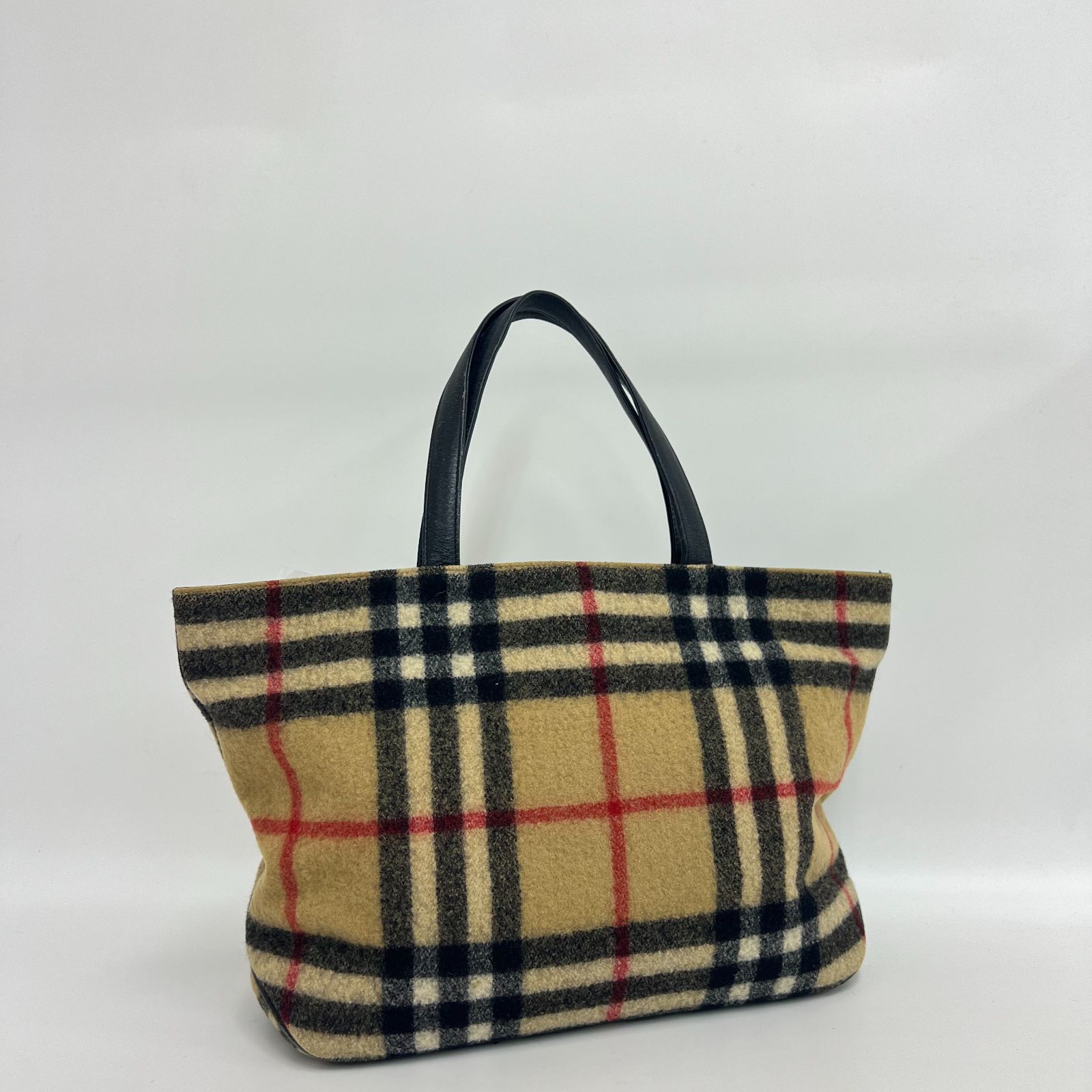 【希少/リボン付き】Burberry バーバリー トートバッグ ハンドバッグ ノバチェック ウール レザー ブラック 黒 レディース