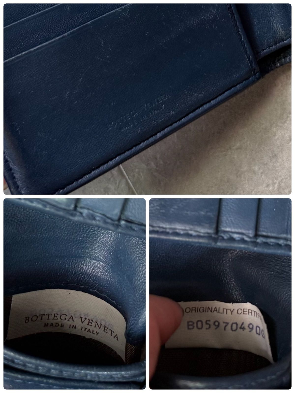 BOTTEGA VENETA ボッテガヴェネタ クロコ イントレチャート 二つ折り財布 レザー ネイビー 紺 コンパクトウォレット BOTTEGA VENETA ボッテガヴェネタ クロコ イントレチャート 二つ折り財布 レザー ネイビー 紺 コンパクトウォレット