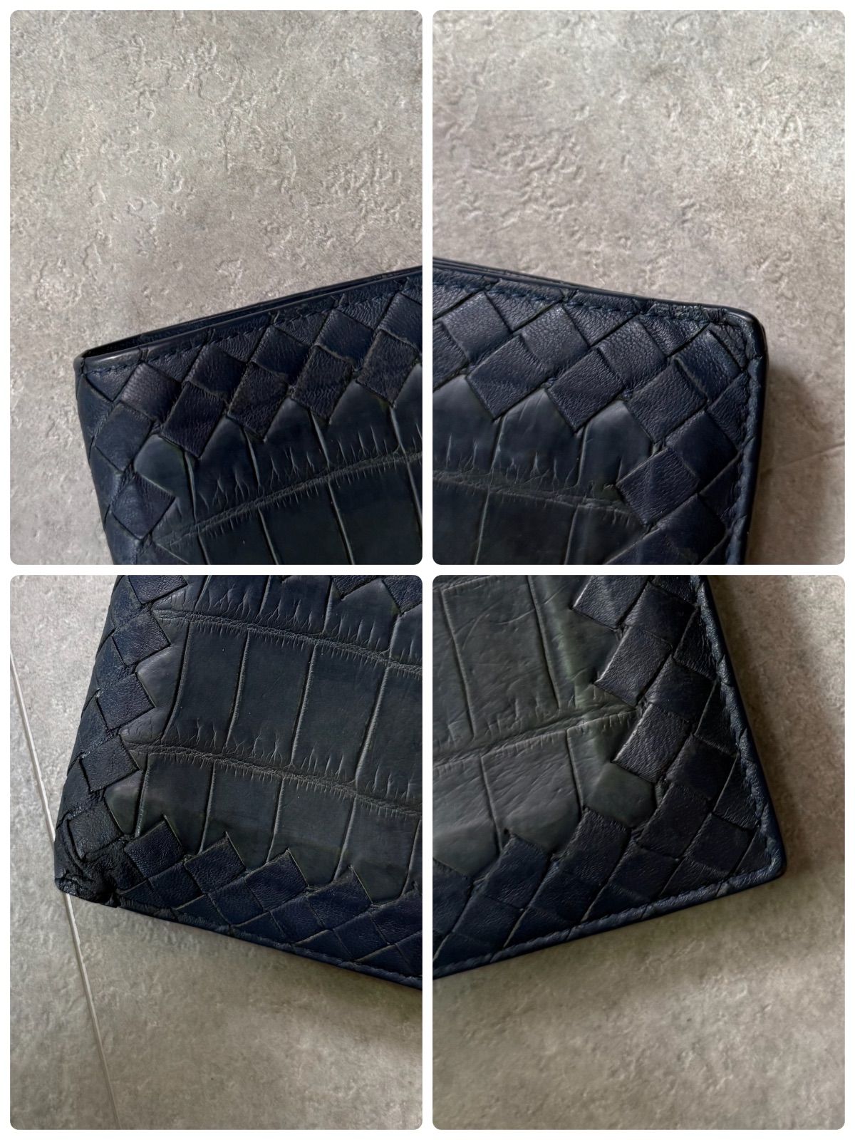BOTTEGA VENETA ボッテガヴェネタ クロコ イントレチャート 二つ折り財布 レザー ネイビー 紺 コンパクトウォレット BOTTEGA VENETA ボッテガヴェネタ クロコ イントレチャート 二つ折り財布 レザー ネイビー 紺 コンパクトウォレット