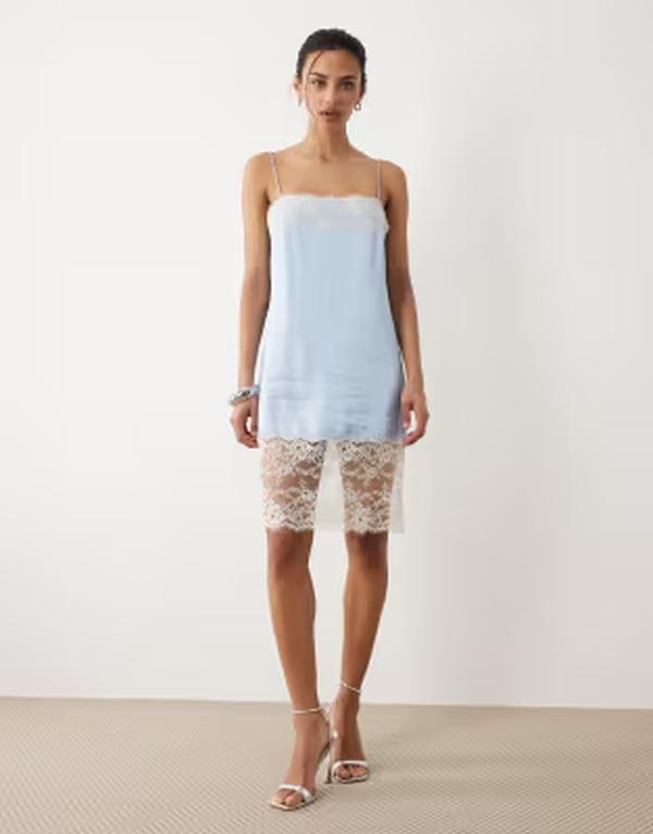 マンゴ レディース トップス ワンピース レーストリム ミニ サテン レース Mango satin camini dress with lace trim in pale BLUE ブルー