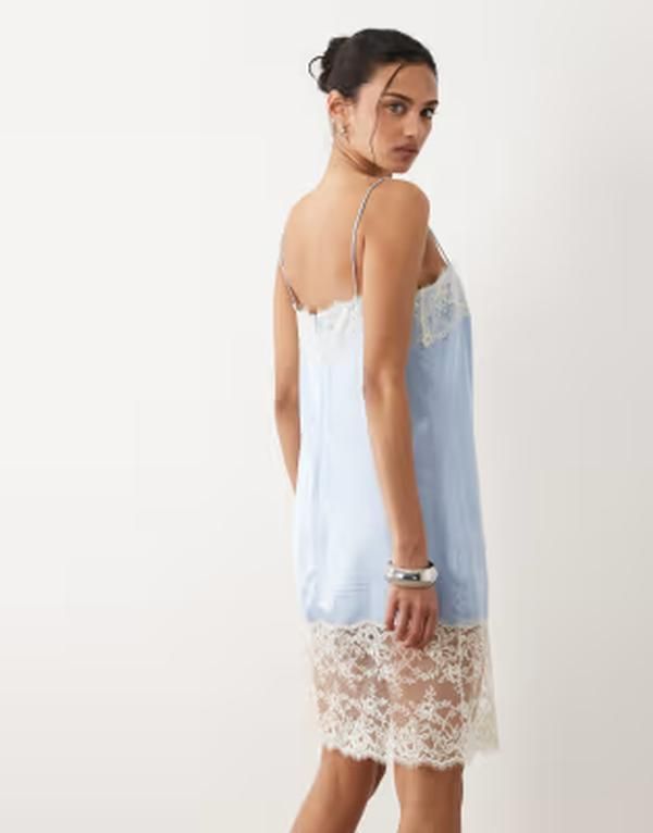 マンゴ レディース トップス ワンピース レーストリム ミニ サテン レース Mango satin camini dress with lace trim in pale BLUE ブルー