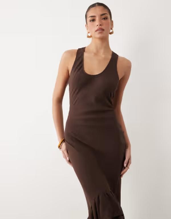 エイソス レディース トップス ワンピース マキシ ASOS DESIGN frill hemaxi dress in chocolate Brown ブラウン エイソス レディース トップス ワンピース マキシ ASOS DESIGN frill hemaxi dress in chocolate Brown ブラウン