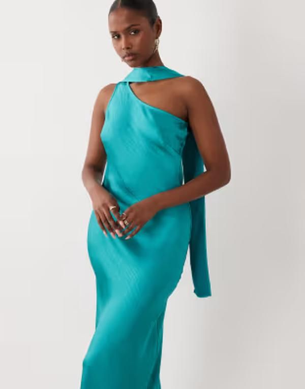 ティエフエヌシー レディース トップス ワンピース サテン マキシ TFNC satin one shoulder maxi dress with scarf in aqua アクア ティエフエヌシー レディース トップス ワンピース サテン マキシ TFNC satin one shoulder maxi dress with scarf in aqua アクア