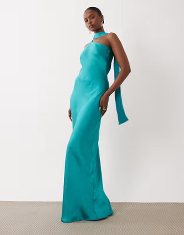 ティエフエヌシー レディース トップス ワンピース サテン マキシ TFNC satin one shoulder maxi dress with scarf in aqua アクア