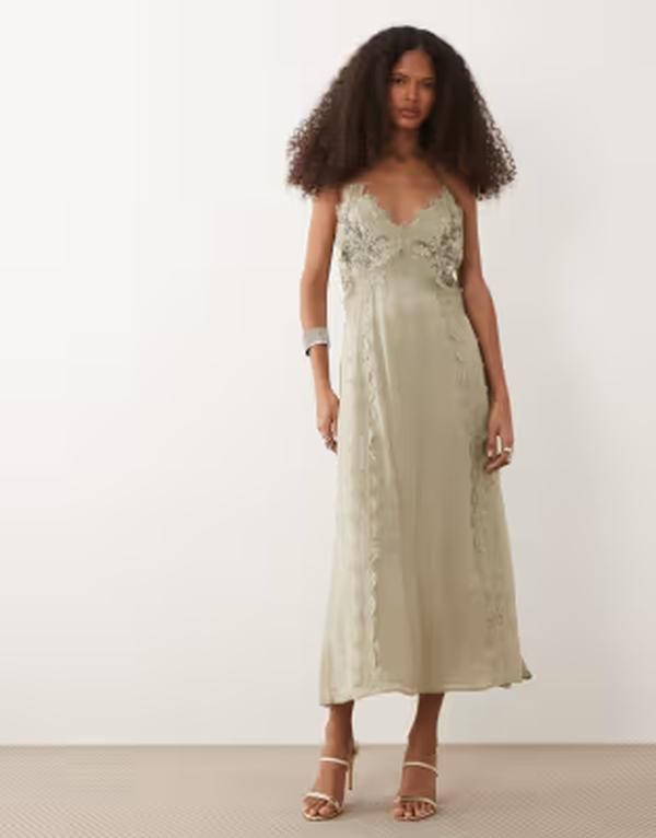 マンゴ レディース トップス ワンピース レーストリム ミディ レース Mango camidi dress with lace trim and embellishment in pale GREE