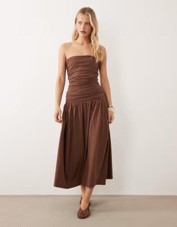 エイソス レディース トップス ワンピース ギャザー マキシ ASOS DESIGN ruched bandeau with dropped waist maxi dress in chocolate