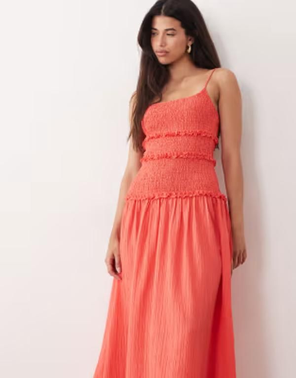 エイソス レディース トップス ワンピース マキシ ASOS DESIGN crinkle maxi sundress with shirredropped waist Red レッド