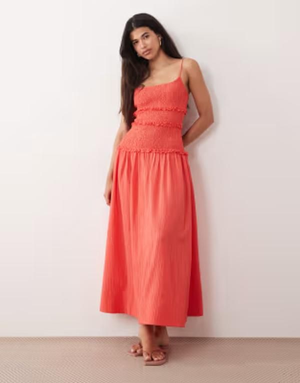 エイソス レディース トップス ワンピース マキシ ASOS DESIGN crinkle maxi sundress with shirredropped waist Red レッド