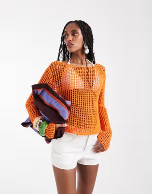 エイソス レディース アウター ニット・セーター ASOS DESIGN open stitch crochet jumper in orange オレンジ