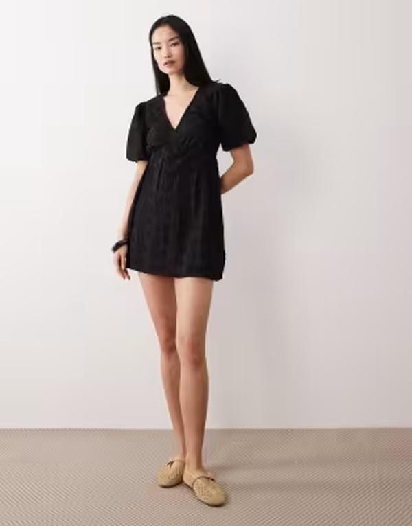 ウェンズデーガール レディース トップス ワンピース ミニ Wednesdays Girl short sleeve broderie mini dress Black ブラック