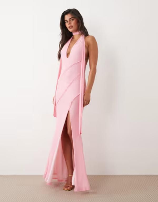 エイソス レディース トップス ワンピース マキシ ホルター ASOS DESIGN scarf detail plunge halter maxi dress with raw seam detai