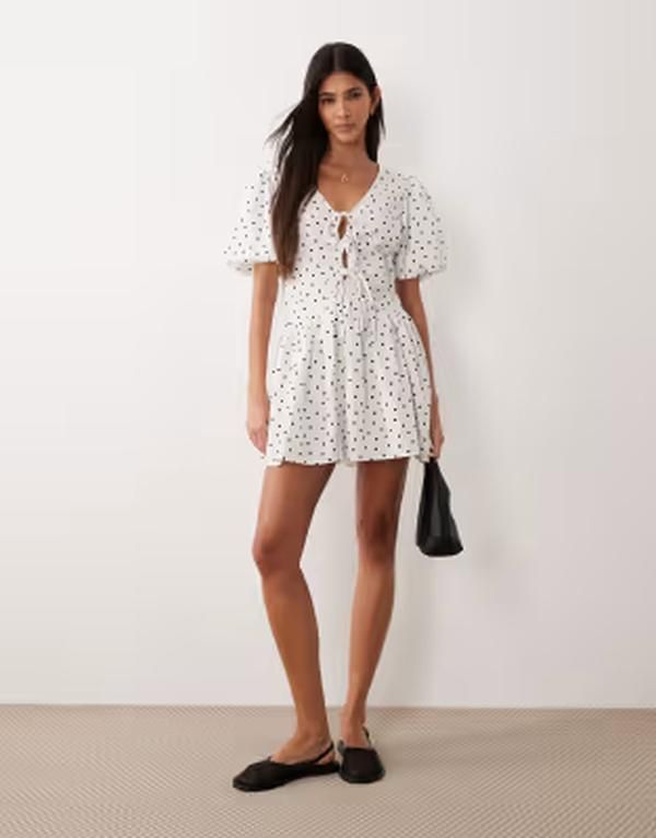ウェンズデーガール レディース トップス ワンピース ドット柄 ドット ミニ Wednesdays Girl short sleeve smock mini dress polka dot WHITE