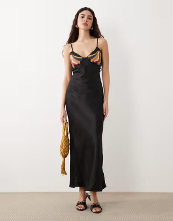 ネバーフリードレスド レディース トップス ワンピース サテン マキシ Never Fully Dressed satin embellished banana slip maxi dress Bla