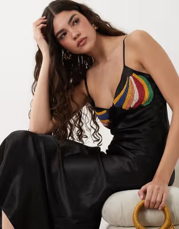 ネバーフリードレスド レディース トップス ワンピース サテン マキシ Never Fully Dressed satin embellished banana slip maxi dress Bla ネバーフリードレスド レディース トップス ワンピース サテン マキシ Never Fully Dressed satin embellished banana slip maxi dress Bla