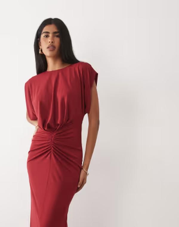 エイソス レディース トップス ワンピース ギャザー ミディ ASOS DESIGN structured shoulderuched front midi dress Red レッド