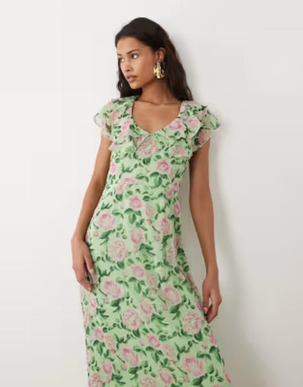 ヴィラ レディース トップス ワンピース プリント マキシ Vila flutter sleeve maxi dress in sage green rose print Smoke green スモ