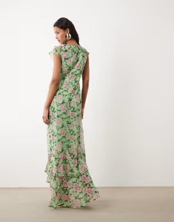ヴィラ レディース トップス ワンピース プリント マキシ Vila flutter sleeve maxi dress in sage green rose print Smoke green スモ