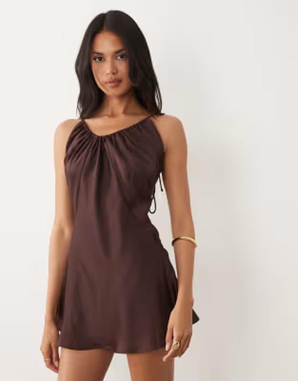 エイソス レディース トップス ワンピース ミニ サテン ASOS DESIGN bias cut scoop neck low back satin mini dress in chocolate