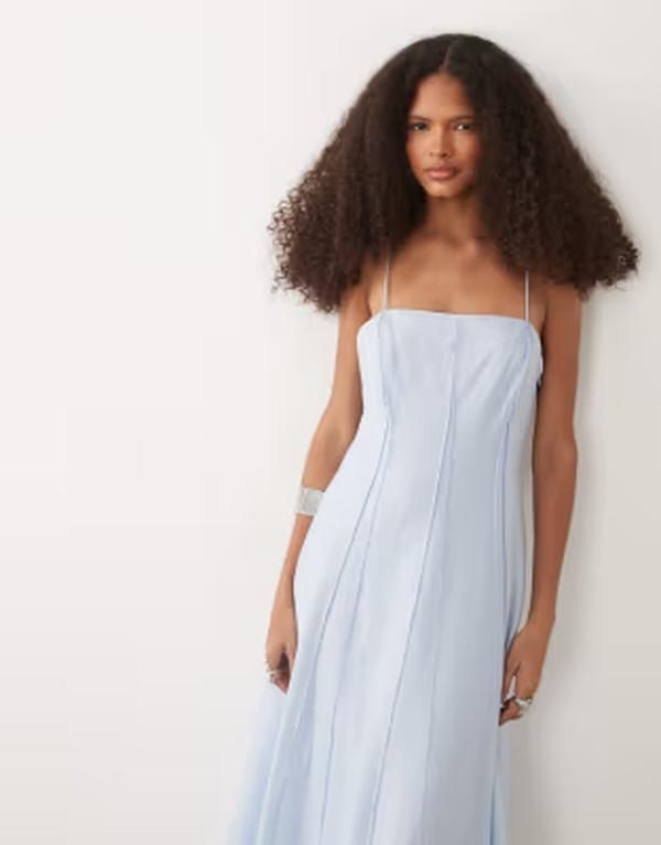 マンゴ レディース トップス ワンピース マキシ Mango seam detail square neck maxi dress in pastel BLUE ブルー